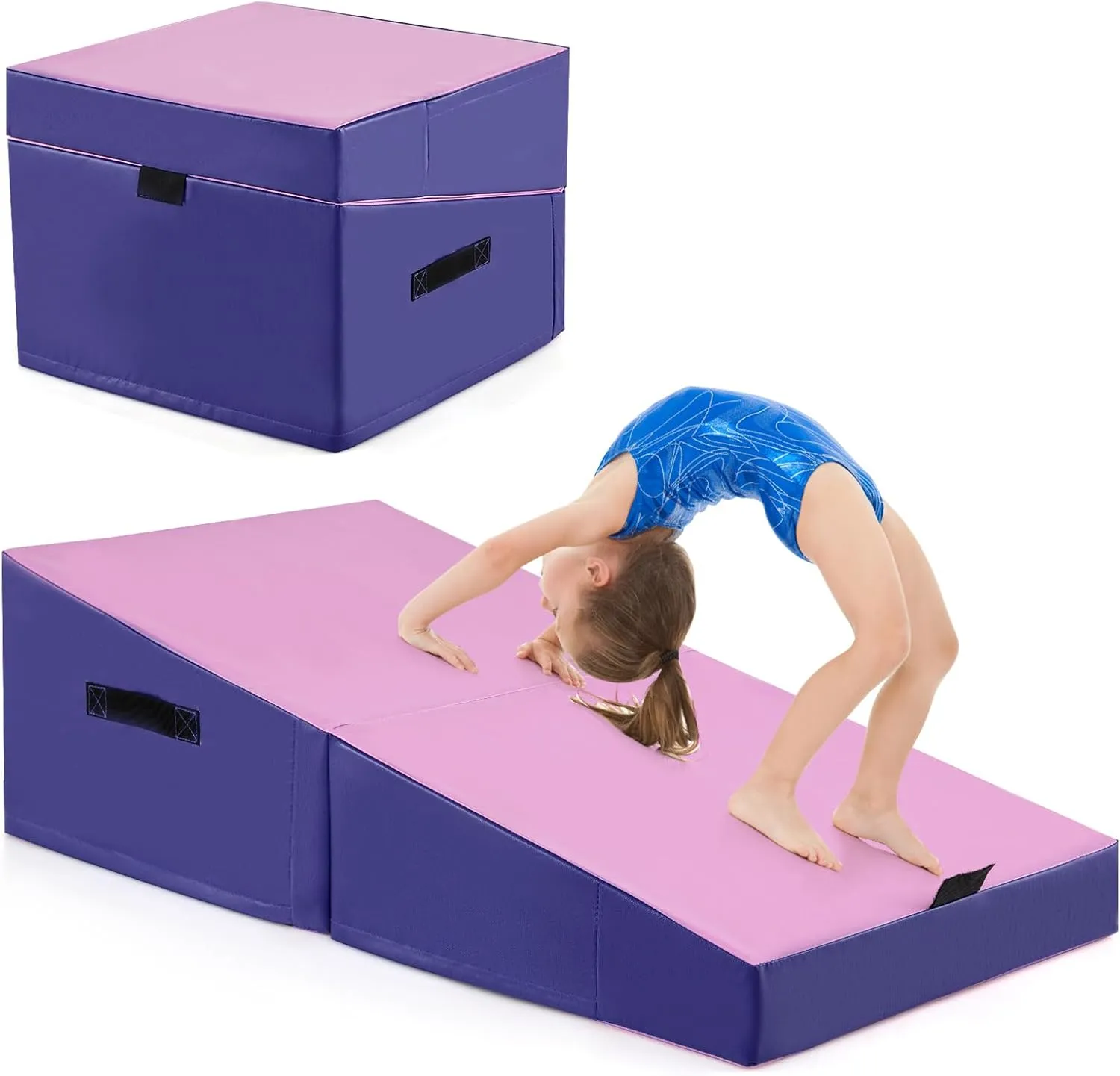 Goplus Gymnastics Mat, Folding Incline Yoga Mat with EPE Foam, Non-slip PVC Leather, Carrying Handle, Indoor Foldable Cheese Wedge Exercise Mat for Home, Gym, Fitness Studio