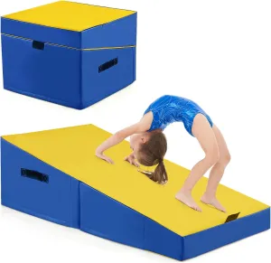 Goplus Gymnastics Mat, Folding Incline Yoga Mat with EPE Foam, Non-slip PVC Leather, Carrying Handle, Indoor Foldable Cheese Wedge Exercise Mat for Home, Gym, Fitness Studio