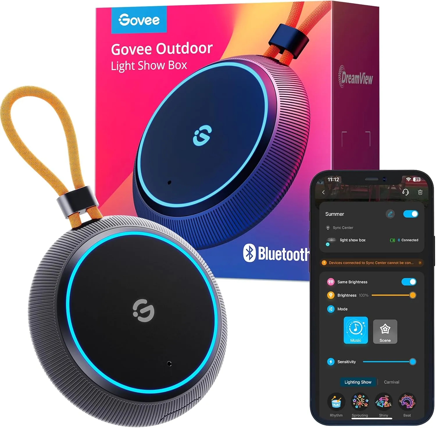 Govee Outdoor Light Show Box, 22 Music Modes and 20 Scene Modes, Bluetooth Smart Group Control 10 Devices, IP65 Waterproof, Battery Powered, USB Charged, Supports Govee Smart Color Lights