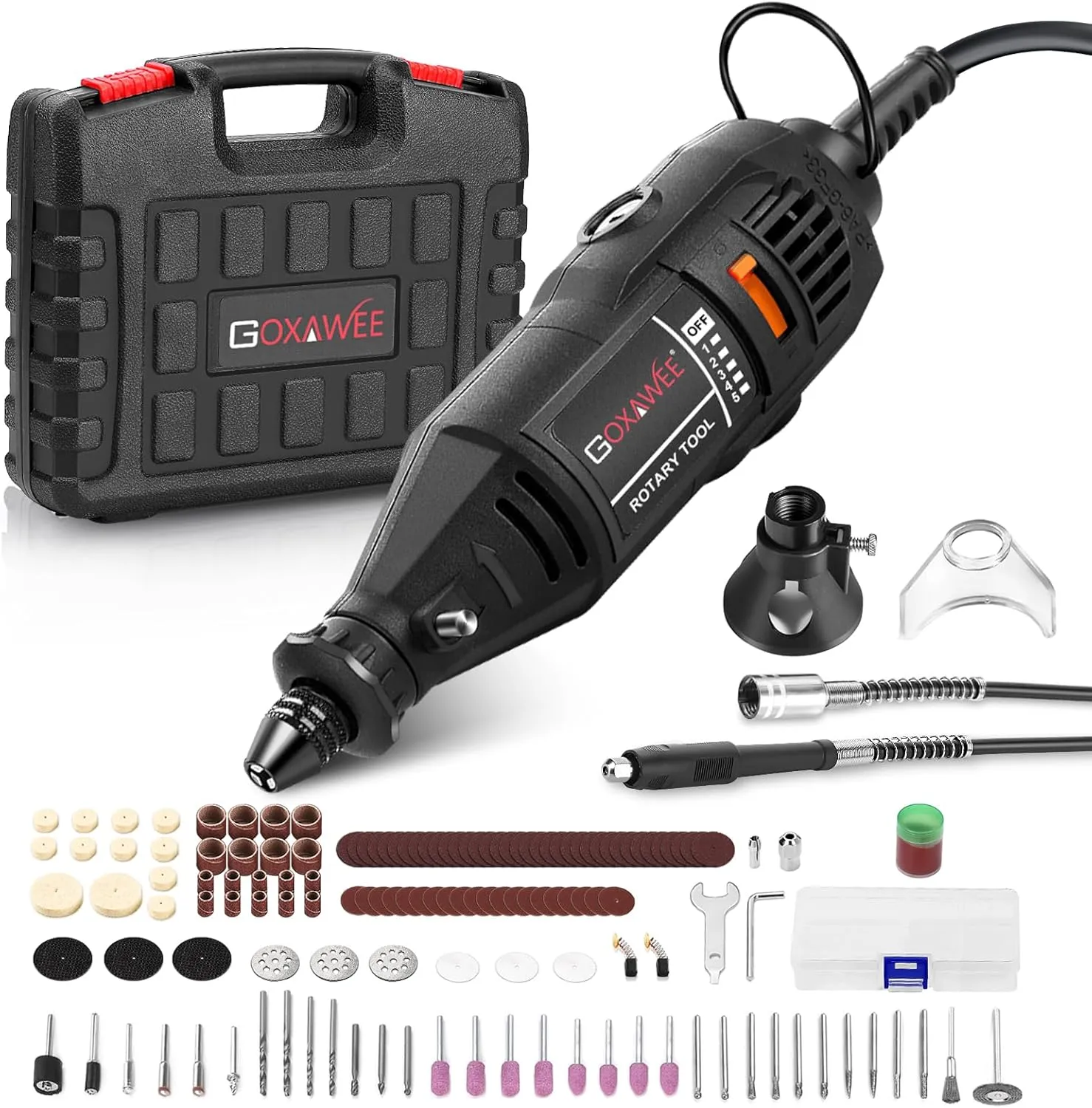 GOXAWEE Rotary Tool Kit with MultiPro Keyless Chuck and Flex Shaft -140pcs Accessories Variable Speed Electric Drill Set for Handmade Crafting Projects and DIY Creations