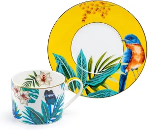 Grace Teaware Tropical Bird Fine Porcelain 8oz Coffee Tea Cup and Saucer, Brunch Coffee Cup, Afternoon Tea