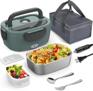 Green Electric Lunch Box Food Heater, 60-80W Heated Lunch Box for Adults, 12V 24V 110V Portable Food Warmer LunchBox for Car Truck Work with Removable 304 Stainless Steel Container, Carry Bag