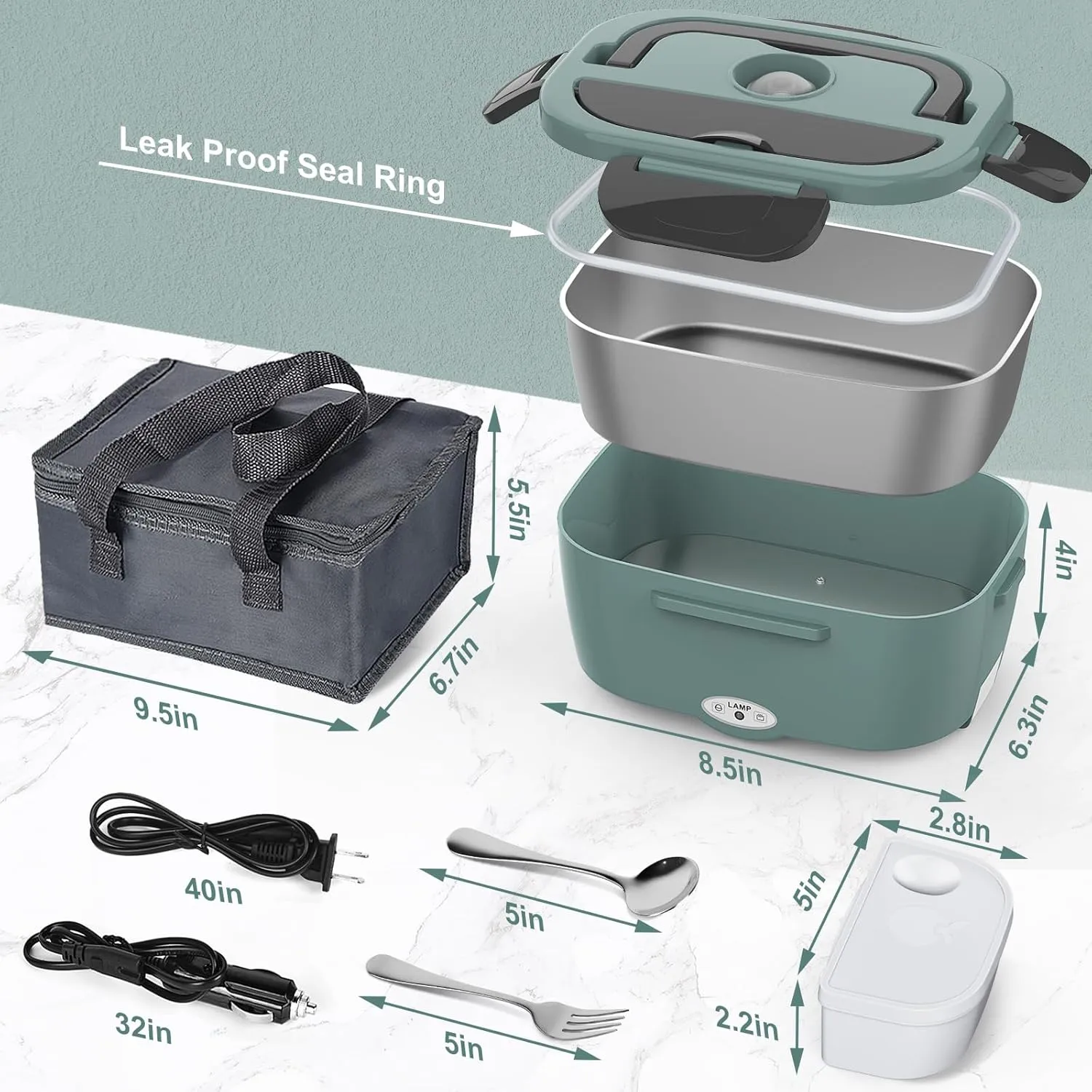 Green Electric Lunch Box Food Heater, 60-80W Heated Lunch Box for Adults, 12V 24V 110V Portable Food Warmer LunchBox for Car Truck Work with Removable 304 Stainless Steel Container, Carry Bag