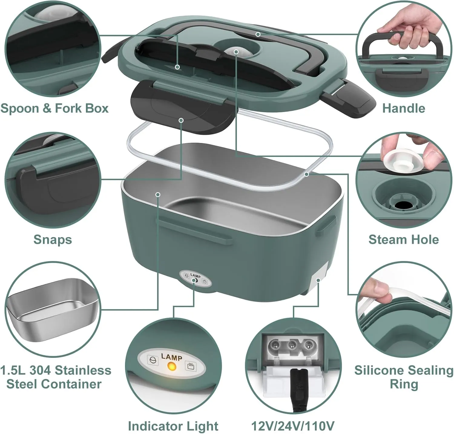 Green Electric Lunch Box Food Heater, 60-80W Heated Lunch Box for Adults, 12V 24V 110V Portable Food Warmer LunchBox for Car Truck Work with Removable 304 Stainless Steel Container, Carry Bag