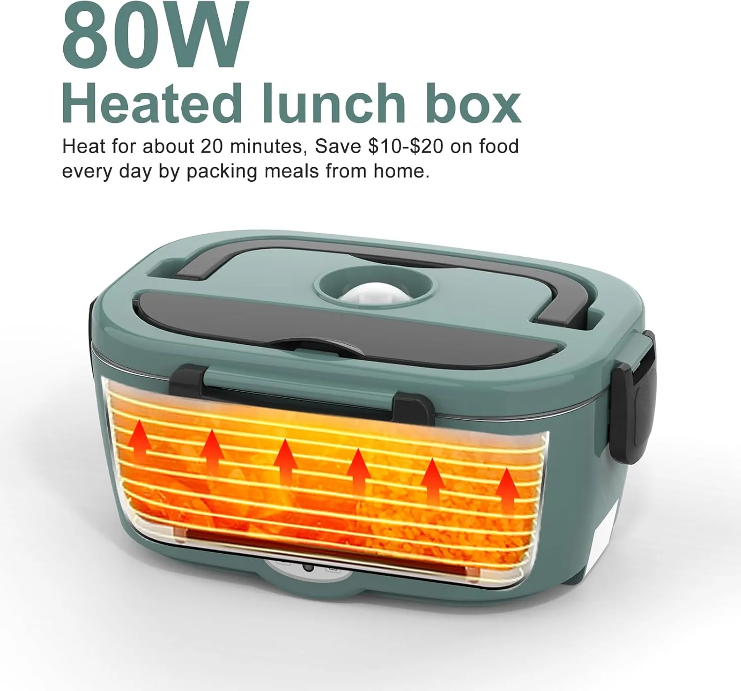 Green Electric Lunch Box Food Heater, 60-80W Heated Lunch Box for Adults, 12V 24V 110V Portable Food Warmer LunchBox for Car Truck Work with Removable 304 Stainless Steel Container, Carry Bag