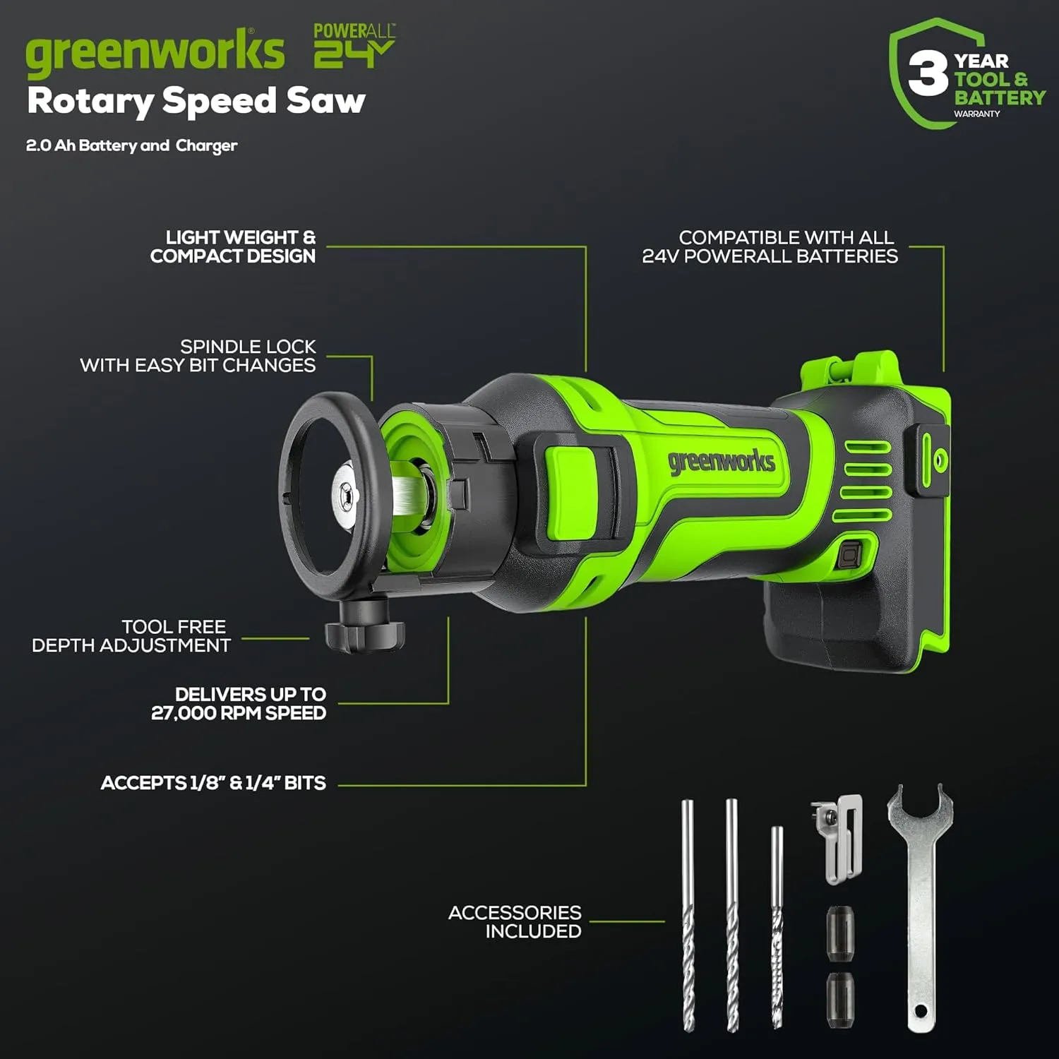 Greenworks 24v Speed Saw Rotary Cut Tool, 2Ah Battery and Charger Included