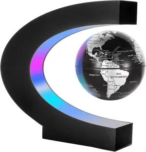 Gresus Magnetic Levitation Floating World Map Globe with C Shape Base, Floating Globe with LED Lights, Great Fathers Students Teacher Business Boyfriend Birthday Gift for Desk Decoration （Black)