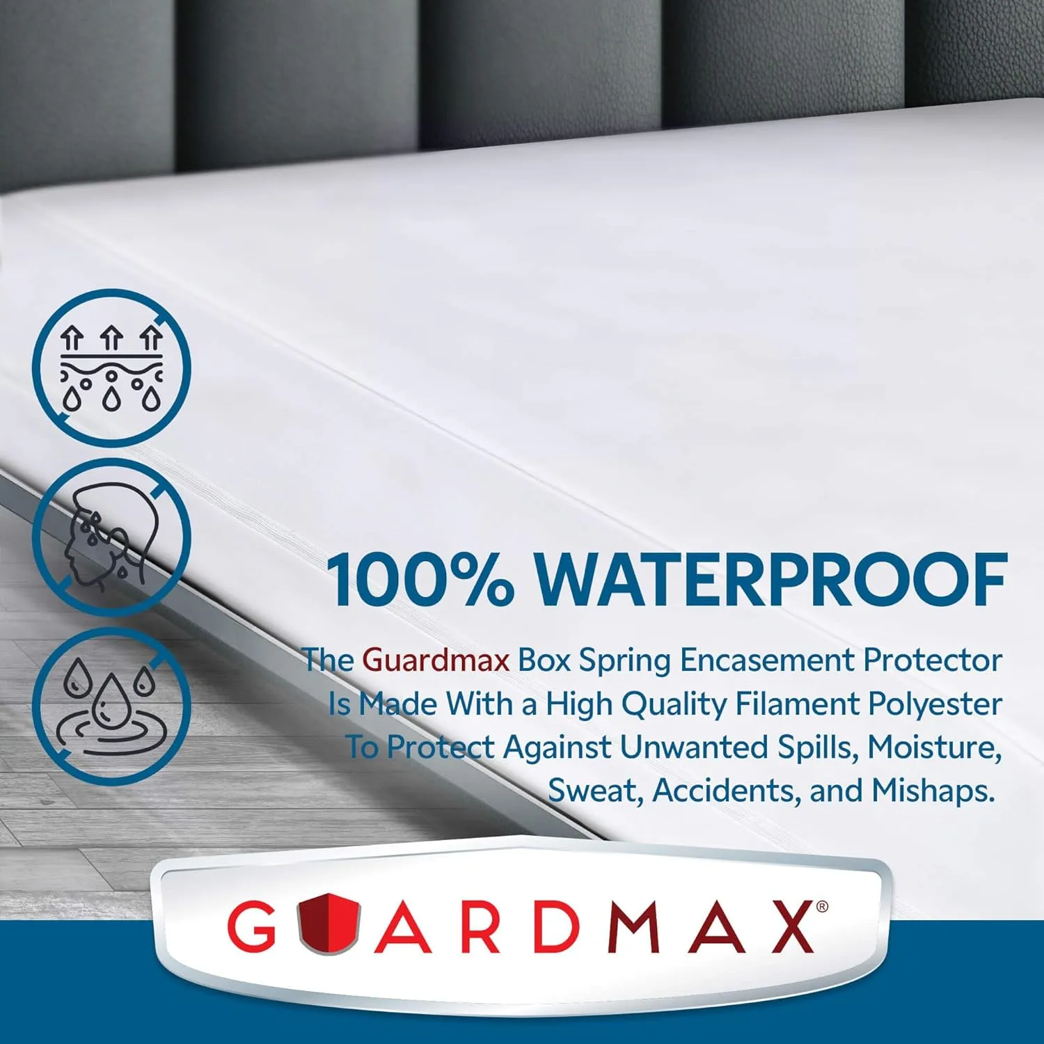Guardmax Premium Box Spring Cover - Full Size Waterproof and Bed Bug Proof Zippered Box Spring Encasement - 6 Side Absorbent Boxspring Protects Against Bed Bugs, Dust Mites, Dirt, Spills, and Stains.