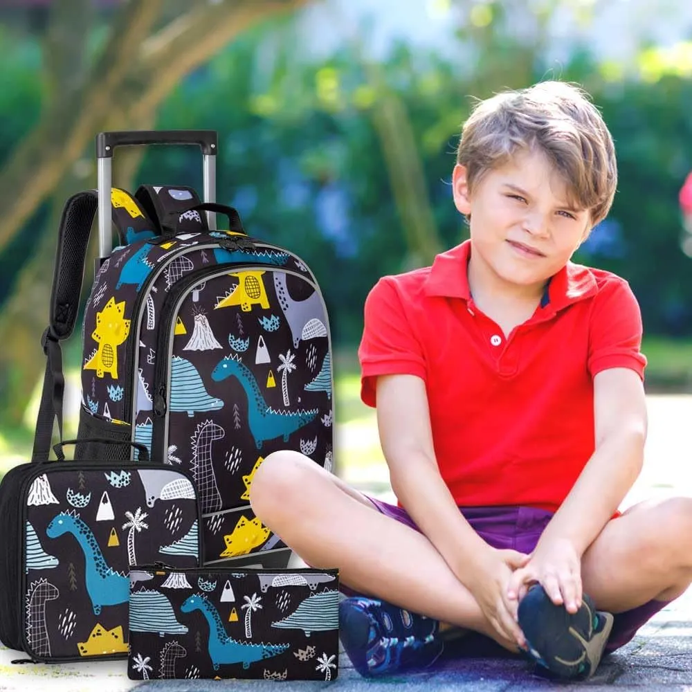 gxtvo Kids Rolling Backpack, Roller Wheels Boys Bookbag - Wheeled Suitcase Elementary School Bag - 3PCS Dinosaur