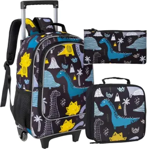 gxtvo Kids Rolling Backpack, Roller Wheels Boys Bookbag - Wheeled Suitcase Elementary School Bag - 3PCS Dinosaur