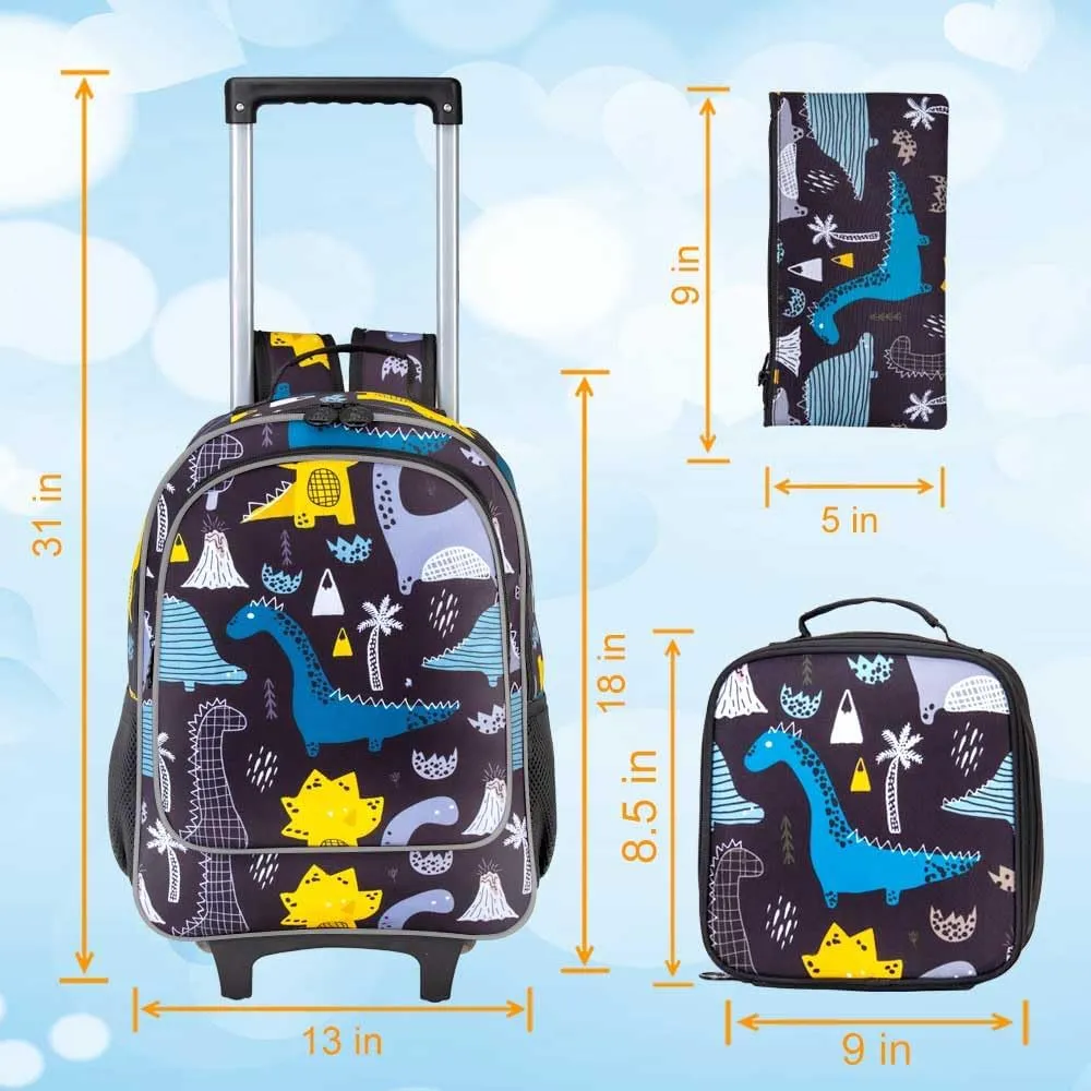 gxtvo Kids Rolling Backpack, Roller Wheels Boys Bookbag - Wheeled Suitcase Elementary School Bag - 3PCS Dinosaur