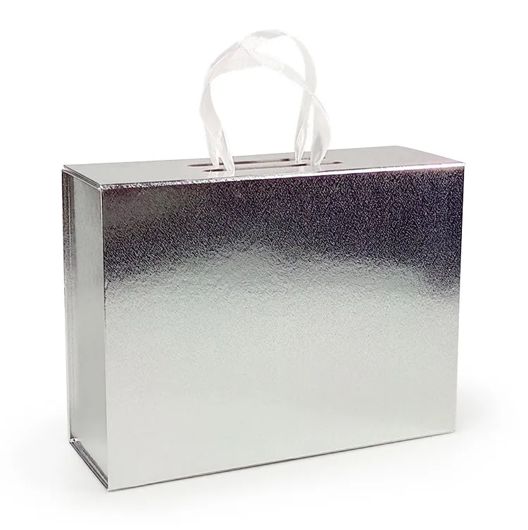 Hard Material Gray Board Folding Type Gift Box With Ribbon Handle