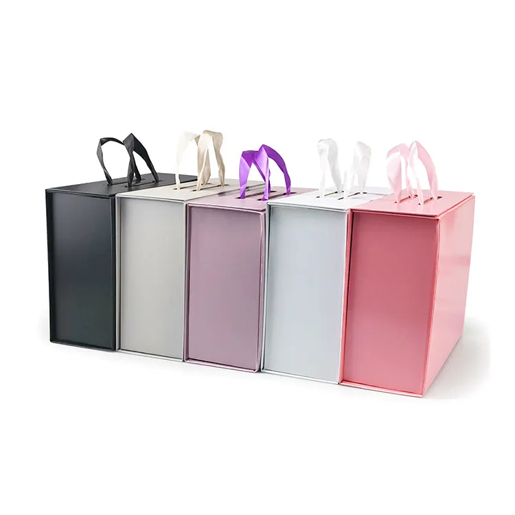 Hard Material Gray Board Folding Type Gift Box With Ribbon Handle