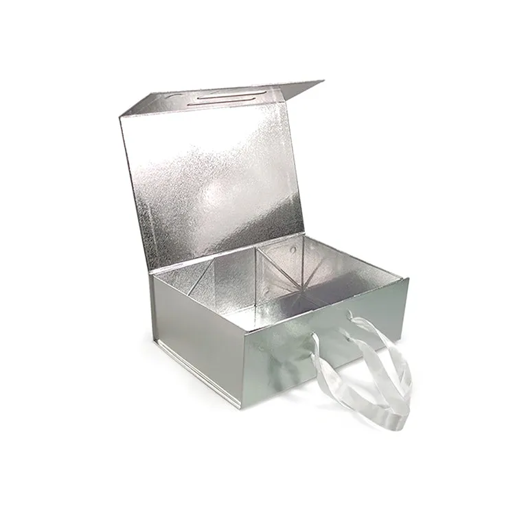 Hard Material Gray Board Folding Type Gift Box With Ribbon Handle
