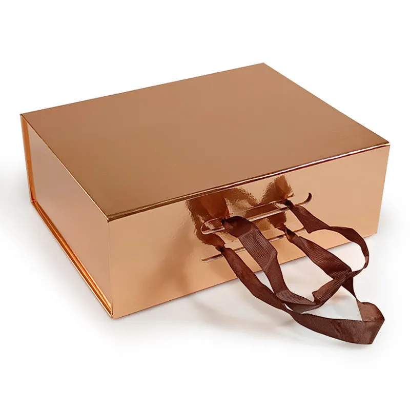 Hard Material Gray Board Folding Type Gift Box With Ribbon Handle