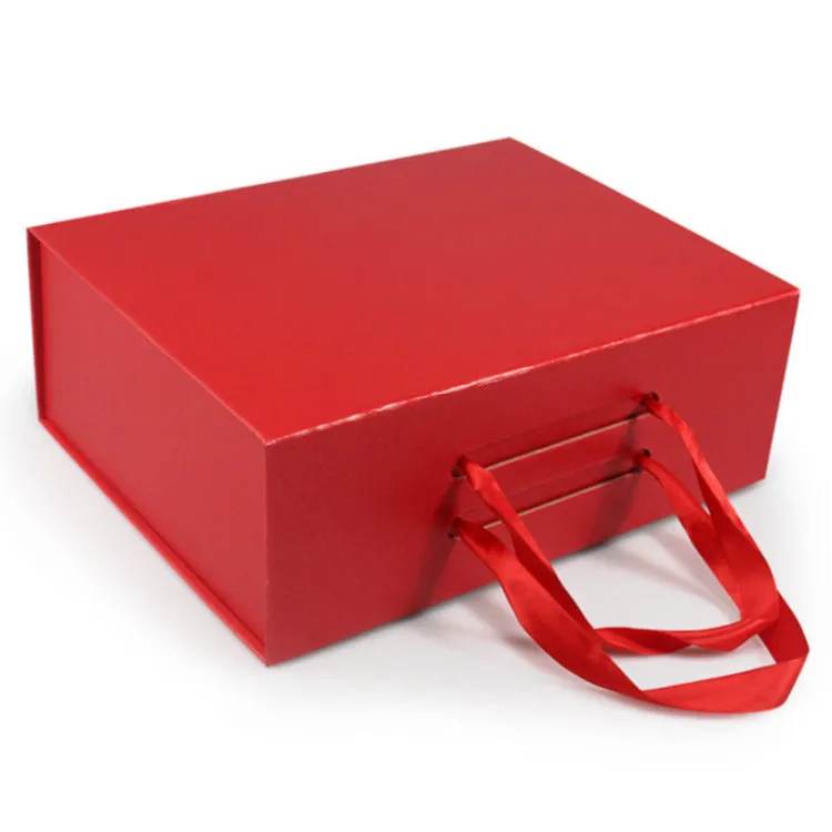 Hard Material Gray Board Folding Type Gift Box With Ribbon Handle