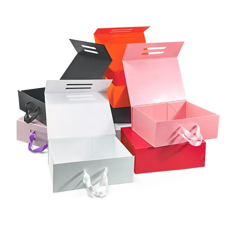 Hard Material Gray Board Folding Type Gift Box With Ribbon Handle