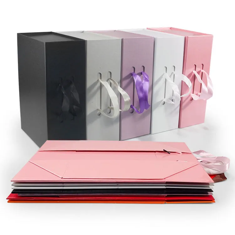 Hard Material Gray Board Folding Type Gift Box With Ribbon Handle