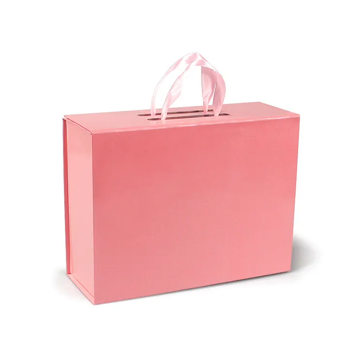 Hard Material Gray Board Folding Type Gift Box With Ribbon Handle