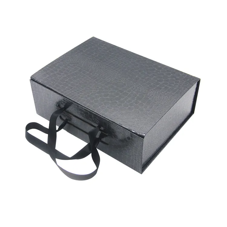 Hard Material Gray Board Folding Type Gift Box With Ribbon Handle