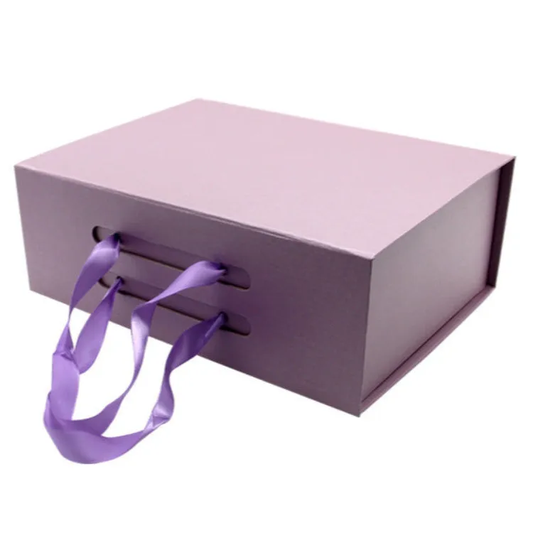 Hard Material Gray Board Folding Type Gift Box With Ribbon Handle