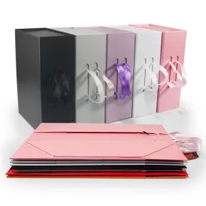 Hard Material Gray Board Folding Type Gift Box With Ribbon Handle