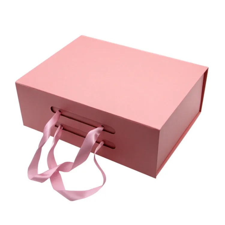 Hard Material Gray Board Folding Type Gift Box With Ribbon Handle