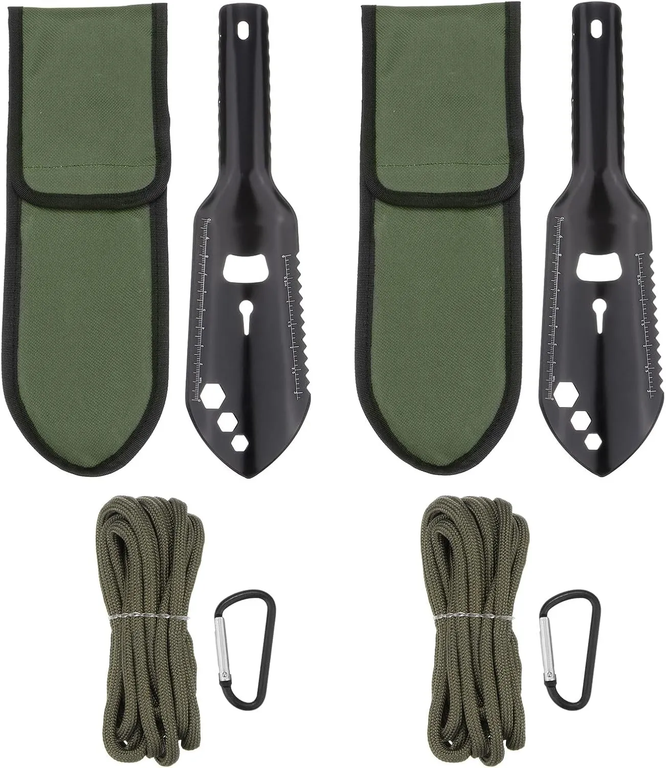 HARFINGTON 2pcs Multifunctional Camping Shovel 7 in 1 Multi-Purpose Backpacking Shovels with Carrying Bag and Paracord for Outdoor Camping Hiking, Black Green