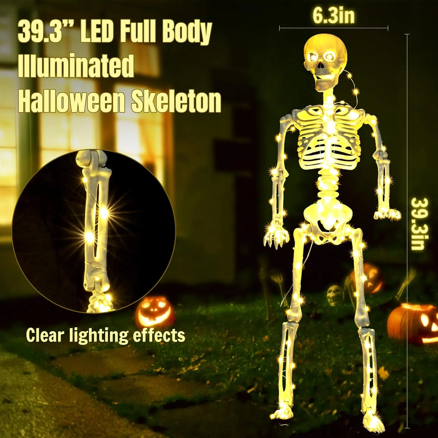 HBSTK 2 Pack 40 Inches 300 LED Light Up Halloween Skeleton Full Body Posable Movable Jonints for Halloween Decoration Décor