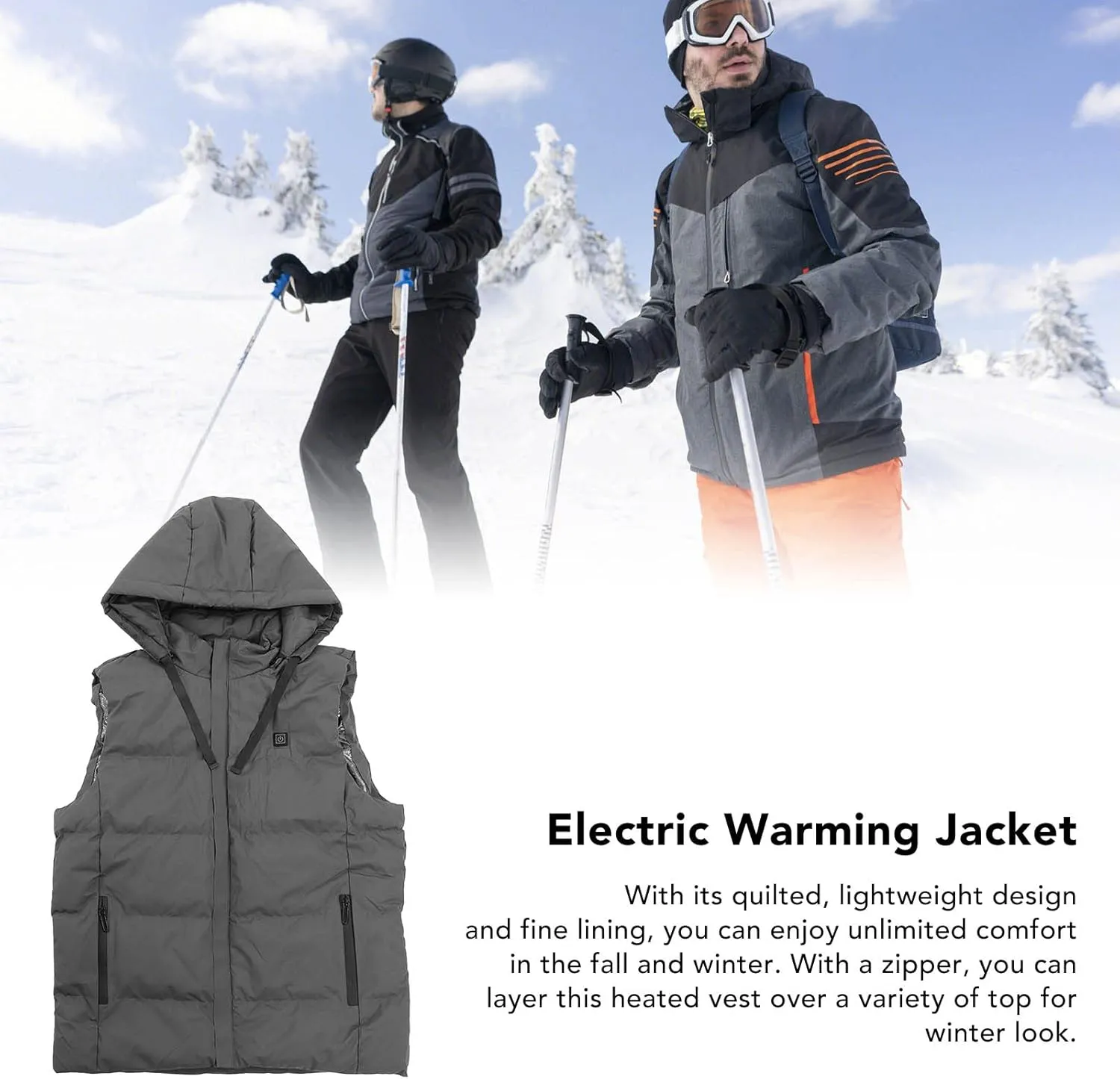 Heated Vest, 3 Heating Levels Carbon Fiber USB Hooded Heated Vest Constant Heating for Winter