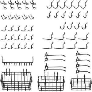 Heavy Duty Black Pegboard Hooks and Baskets for Hanging Tools, 60 Pieces 1/4'' Peg Board Accessories Peg Hooks and Bins, Peg Board Attachments for Organizing Tools Garage Kitchen Bathroom Craft Room