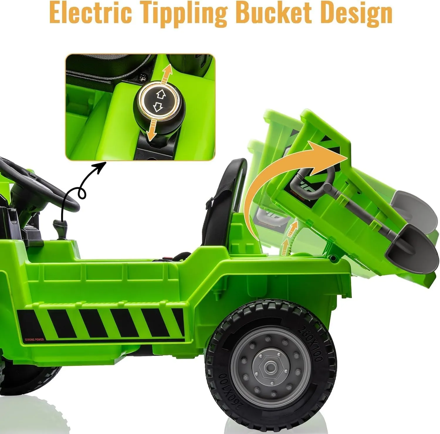 Hetoy Ride On Dump Truck, Ride On Car with Remote Control, 12V 4WD Kids Electric Car, Ride On Toys with Electric Dump Bed and Shovel, Two Speeds, Bluetooth, Music for Kids 4-8 Years Old