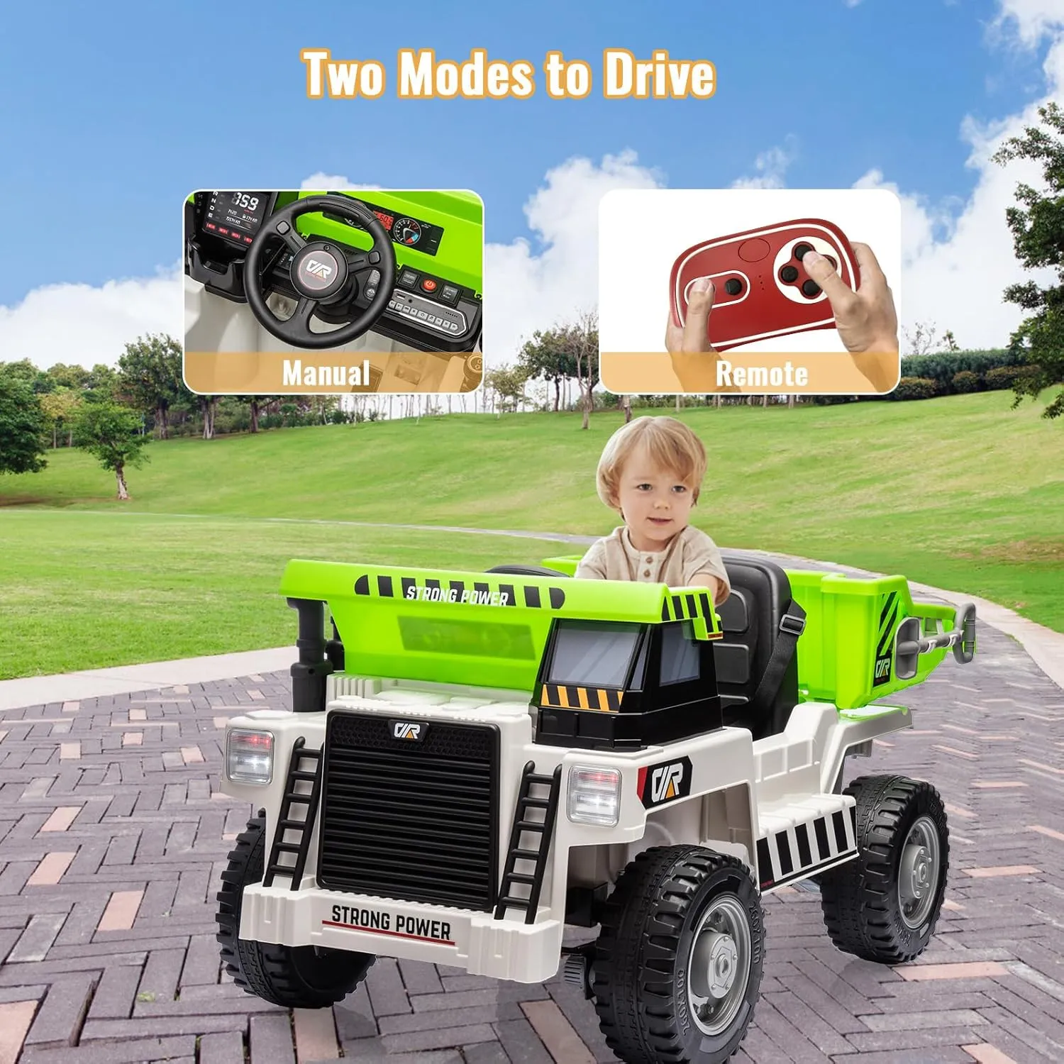 Hetoy Ride On Dump Truck, Ride On Car with Remote Control, 12V 4WD Kids Electric Car, Ride On Toys with Electric Dump Bed and Shovel, Two Speeds, Bluetooth, Music for Kids 4-8 Years Old