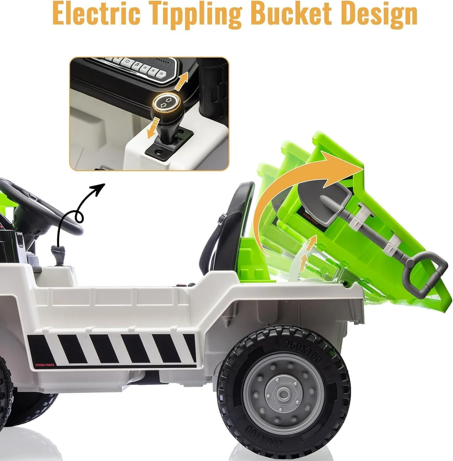 Hetoy Ride On Dump Truck, Ride On Car with Remote Control, 12V 4WD Kids Electric Car, Ride On Toys with Electric Dump Bed and Shovel, Two Speeds, Bluetooth, Music for Kids 4-8 Years Old