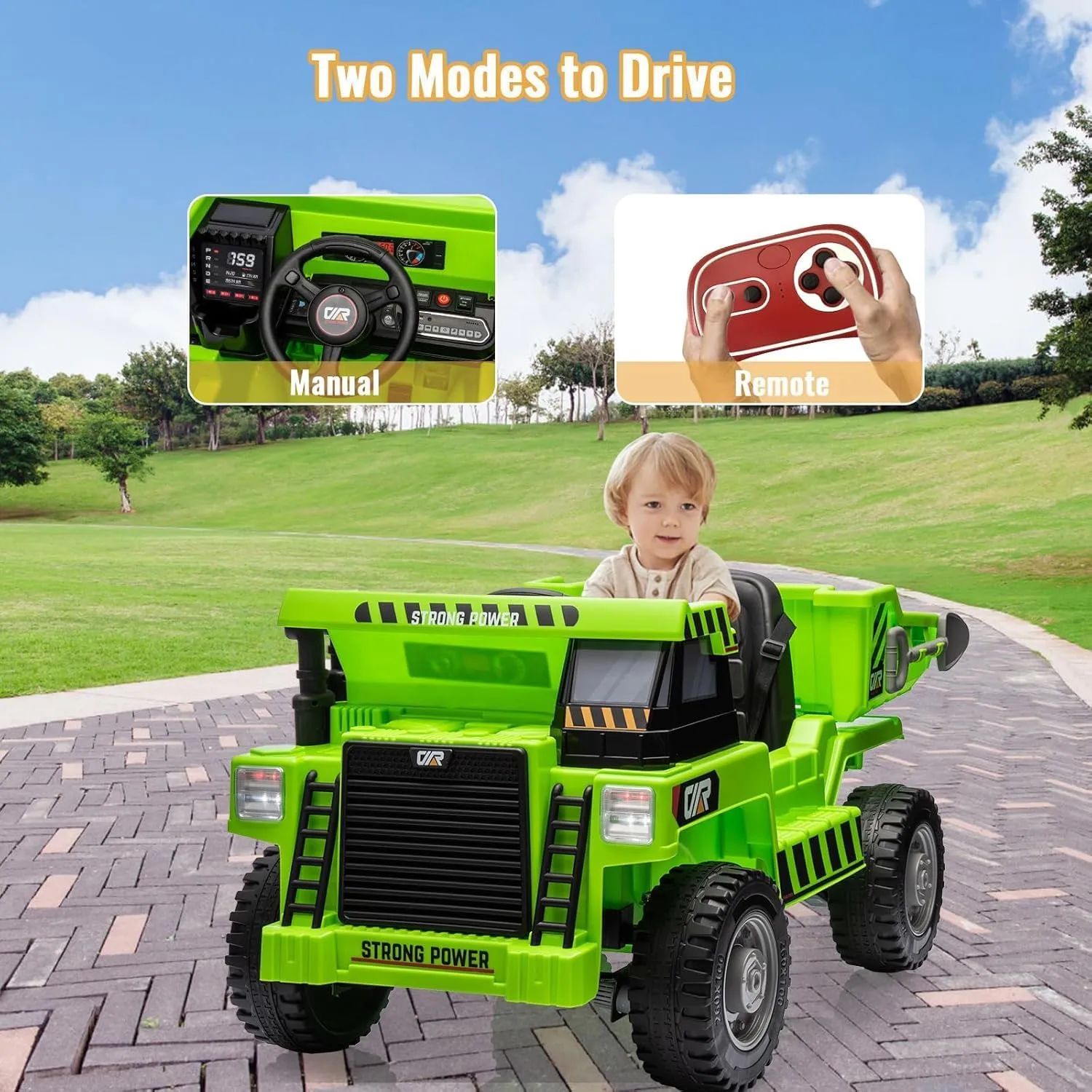 Hetoy Ride On Dump Truck, Ride On Car with Remote Control, 12V 4WD Kids Electric Car, Ride On Toys with Electric Dump Bed and Shovel, Two Speeds, Bluetooth, Music for Kids 4-8 Years Old
