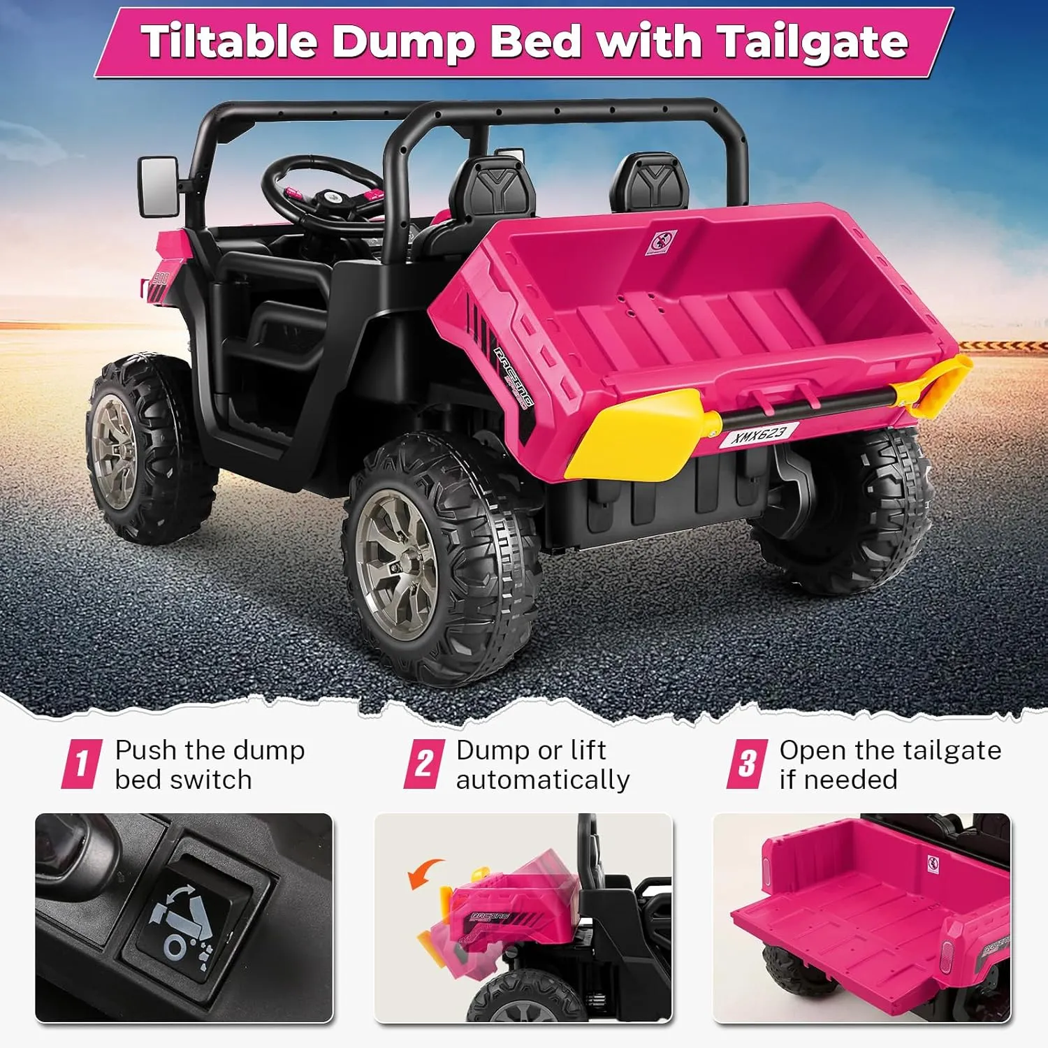 Hikole 2 Seater Ride On UTV Car for Kids, 24V Power Wheels Electric Dump Truck w/Remote Control, 2X200W Motors, Electric Dump Bed, Shovel, Bluetooth, 24 Volt Ride On Toys for Big Kids Girls, Pink