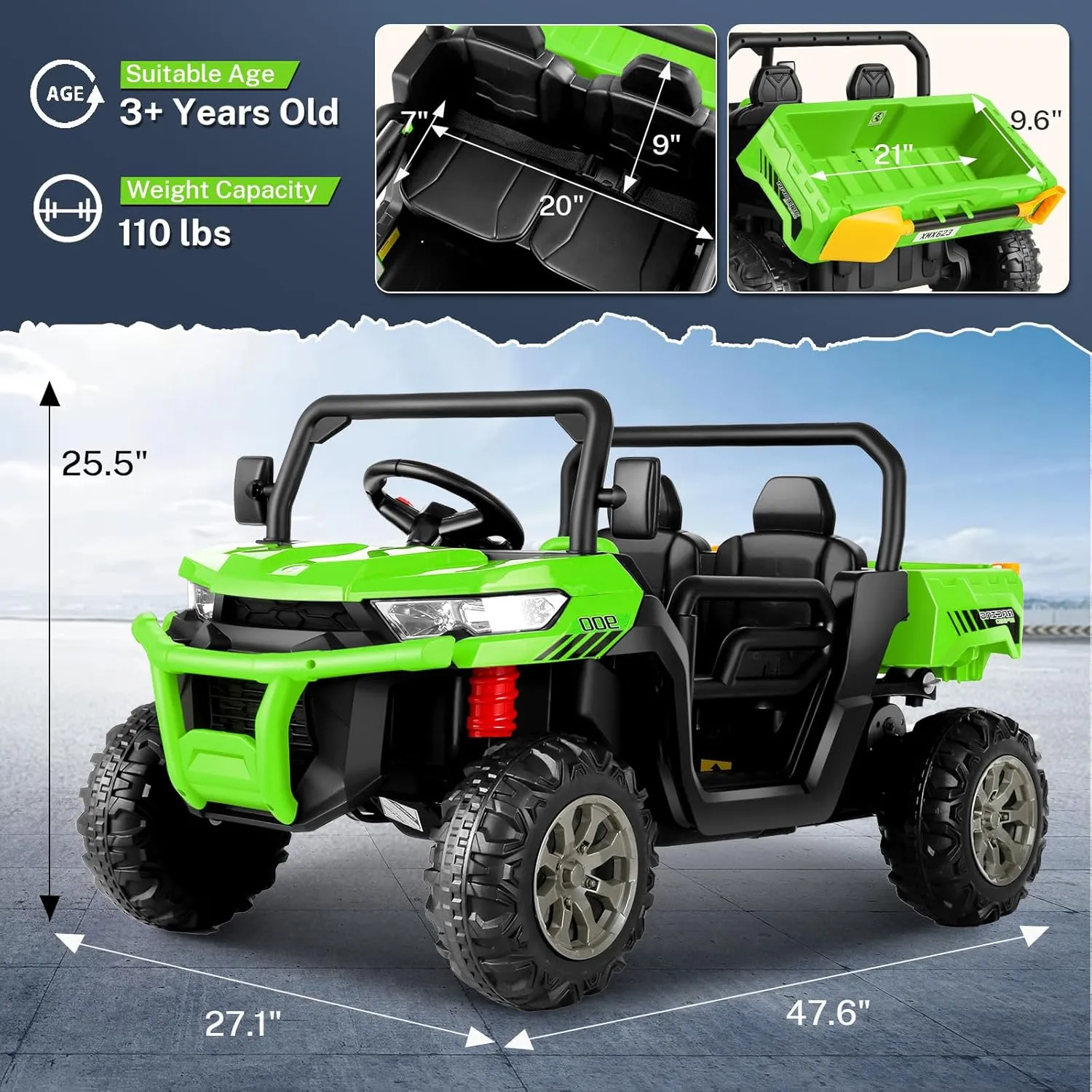Hikole 24V Kids Ride on Dump Truck, 4X4 2 Seater Electric Ride On Toys with Remote Control, Shovel,3 Speeds, Powerful 2x200W Motor, Music, Bluetooth, 24 Volt Power Wheels UTV for Big Kids, Green