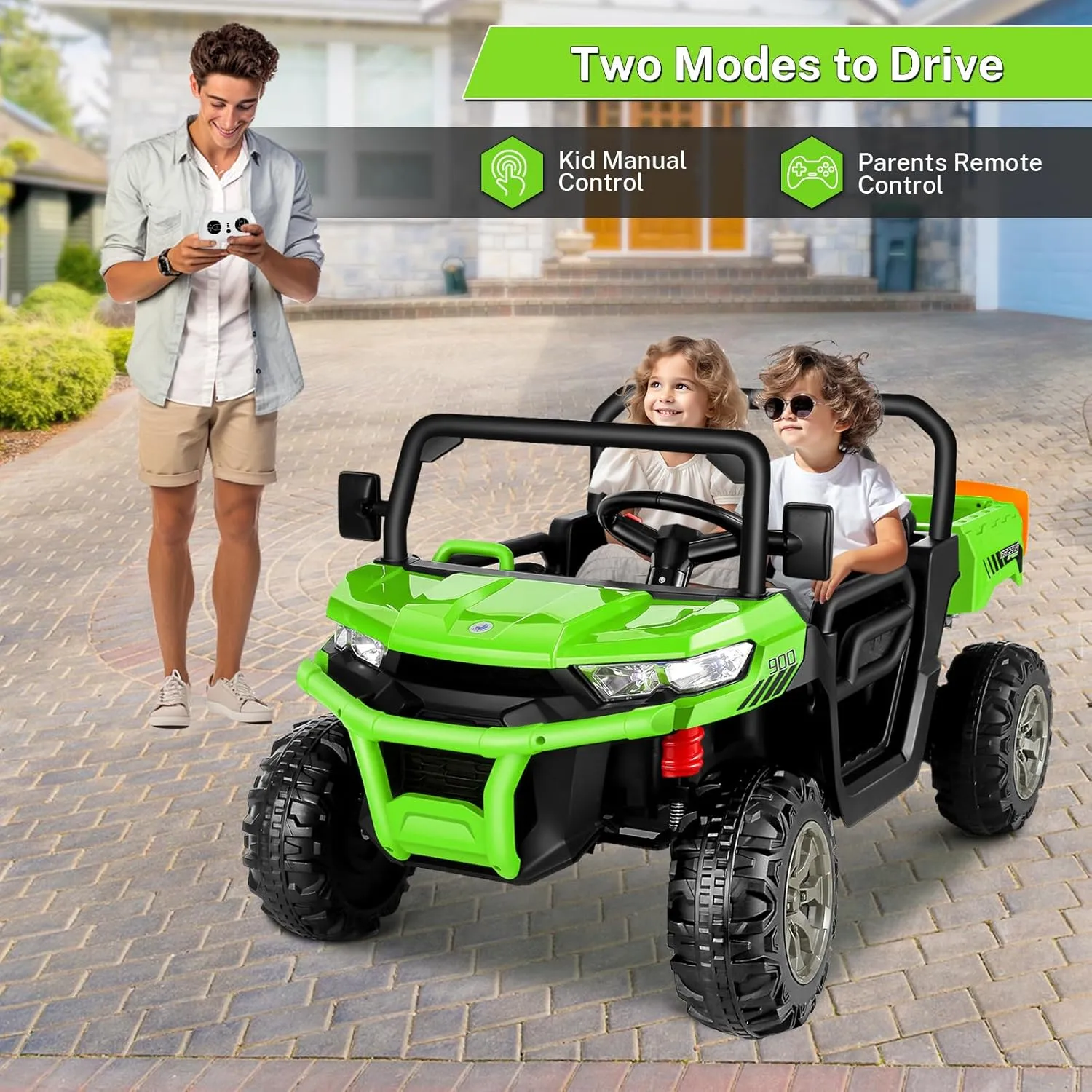 Hikole 24V Kids Ride on Dump Truck, 4X4 2 Seater Electric Ride On Toys with Remote Control, Shovel,3 Speeds, Powerful 2x200W Motor, Music, Bluetooth, 24 Volt Power Wheels UTV for Big Kids, Green