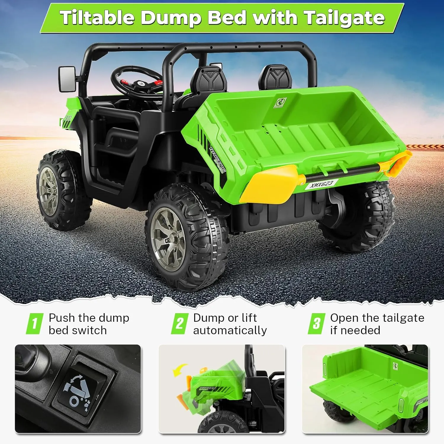 Hikole 24V Kids Ride on Dump Truck, 4X4 2 Seater Electric Ride On Toys with Remote Control, Shovel,3 Speeds, Powerful 2x200W Motor, Music, Bluetooth, 24 Volt Power Wheels UTV for Big Kids, Green