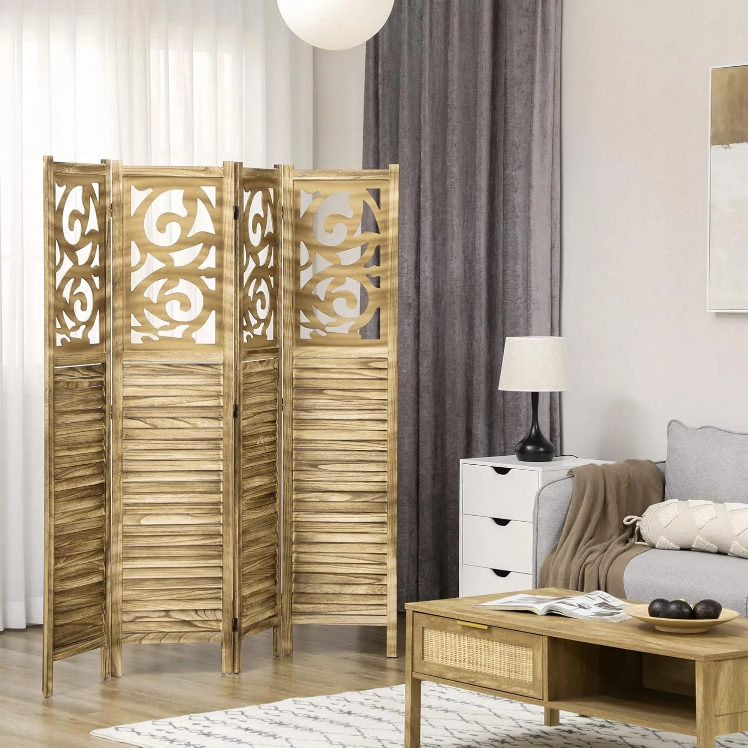 HOMCOM 4 Panel Room Divider, 5.5' Tall Wood Indoor Portable Folding Privacy Screens, Double Hinged Partition Wall Dividers for Home Office, Brown