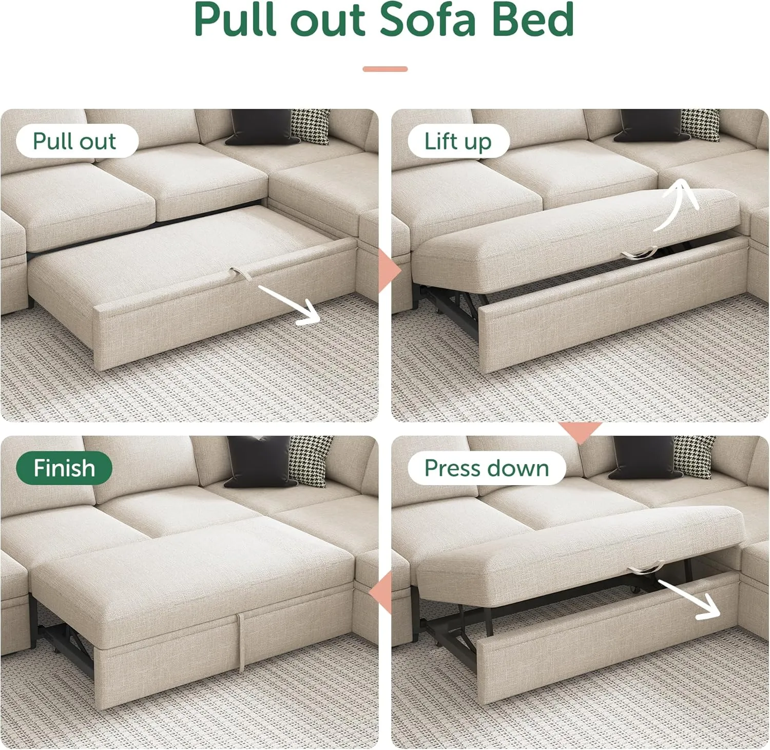 HONBAY Modular Sectional Sleeper Sofa Bed, Sectional Couch with Pull Out Bed U Shaped Modular Couch with Storage Ottoman for Living Room, Beige