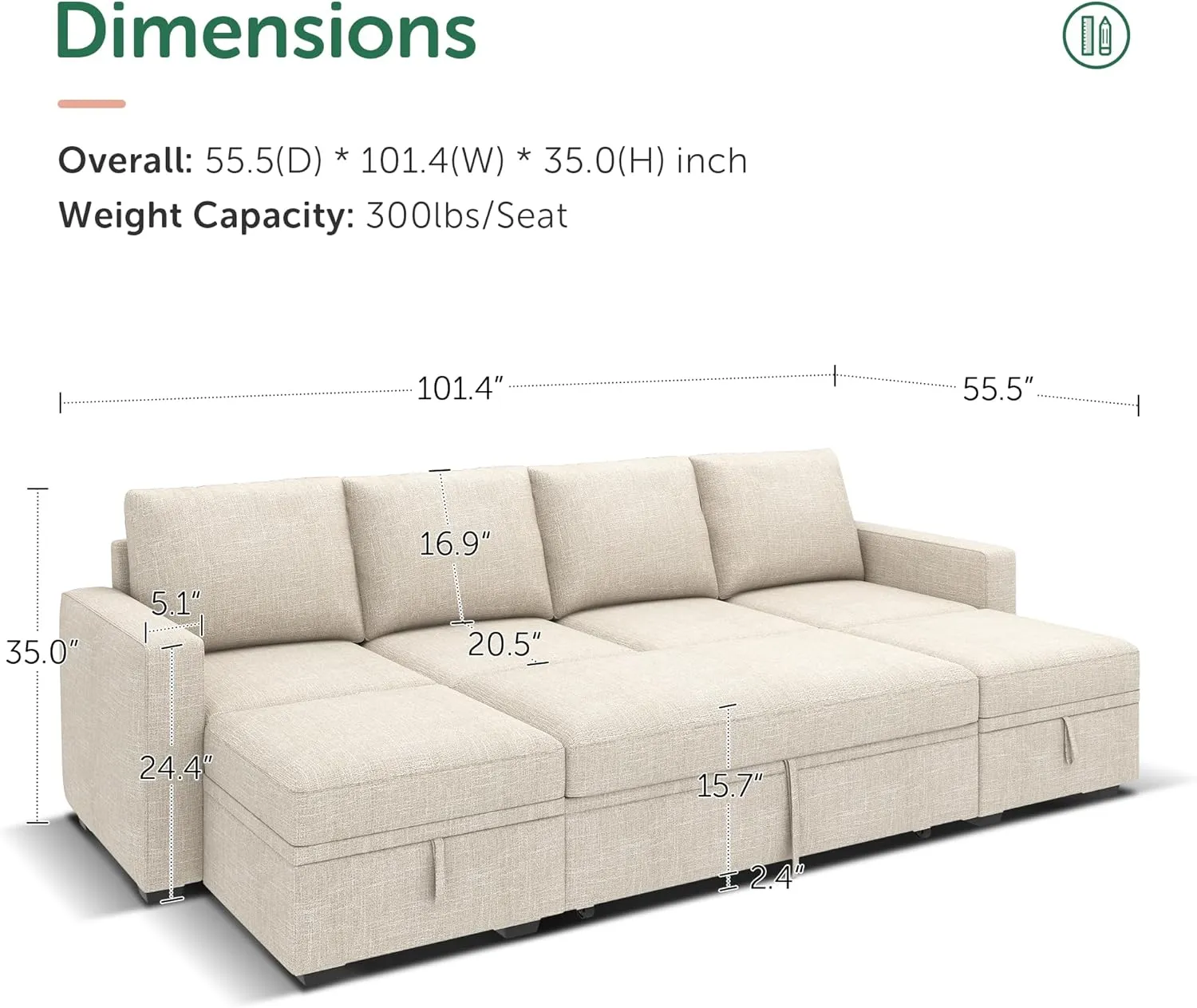 HONBAY Modular Sectional Sleeper Sofa Bed, Sectional Couch with Pull Out Bed U Shaped Modular Couch with Storage Ottoman for Living Room, Beige