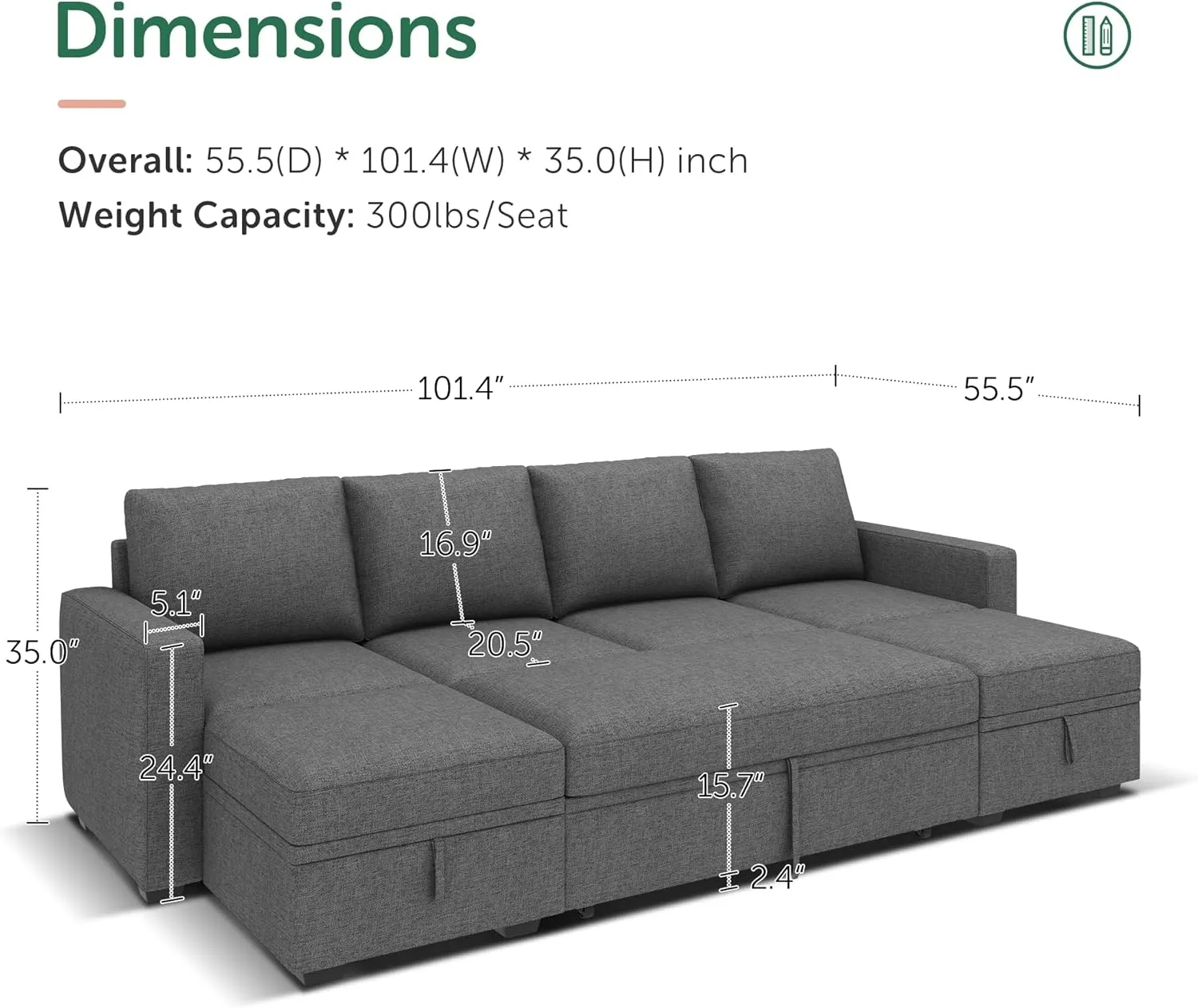 HONBAY Modular Sectional Sleeper Sofa Bed, Sectional Couch with Pull Out Bed U Shaped Modular Couch with Storage Ottoman for Living Room, Dark Grey