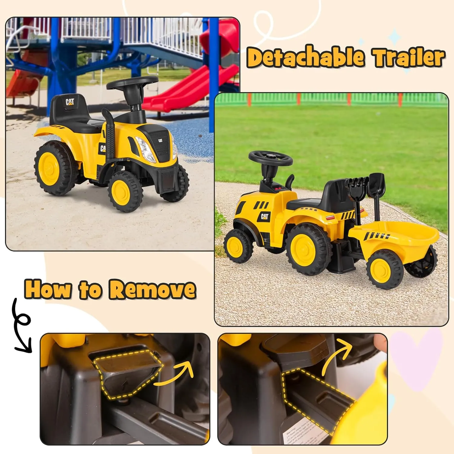 HONEY JOY Kids Ride on Tractor, Licensed Caterpillar Ride On Push Car for Toddlers, Detachable Trailer, Shovel & Rake, Horn, Engine Sound, LED Lights, No Power Ride On Toy for Boys Girls (Yellow)