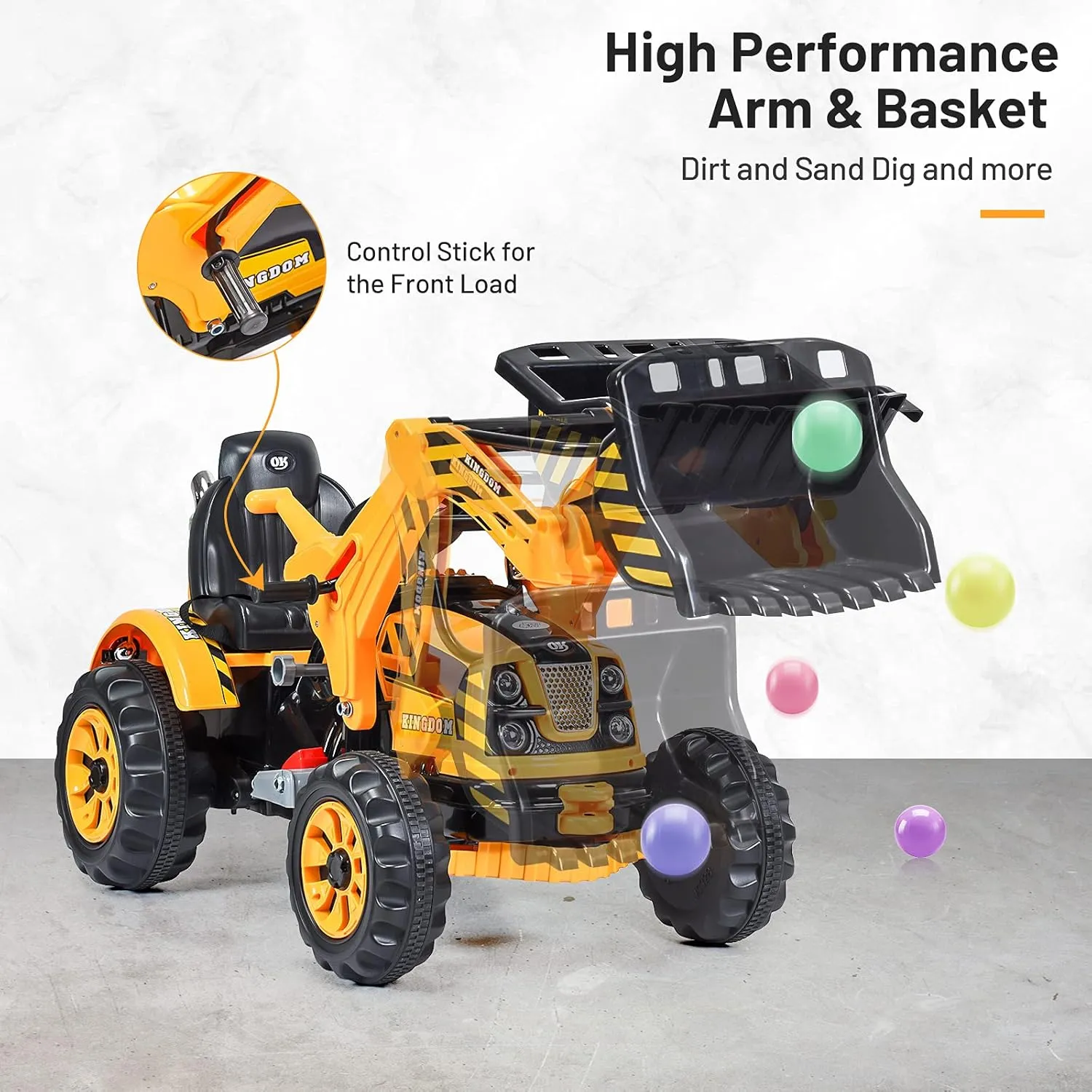 HONEY JOY Ride on Excavator, 12V Battery Powered Construction Vehicles for Kids, Front Loader Shovel w/Horn, 2 Speeds, Forward/Backward, Safety Belt, Kids Bulldozer for Boys Girls(Yellow)