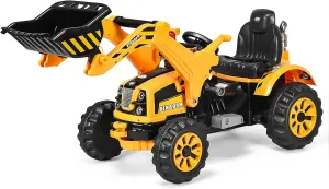 HONEY JOY Ride on Excavator, 12V Battery Powered Construction Vehicles for Kids, Front Loader Shovel w/Horn, 2 Speeds, Forward/Backward, Safety Belt, Kids Bulldozer for Boys Girls(Yellow)
