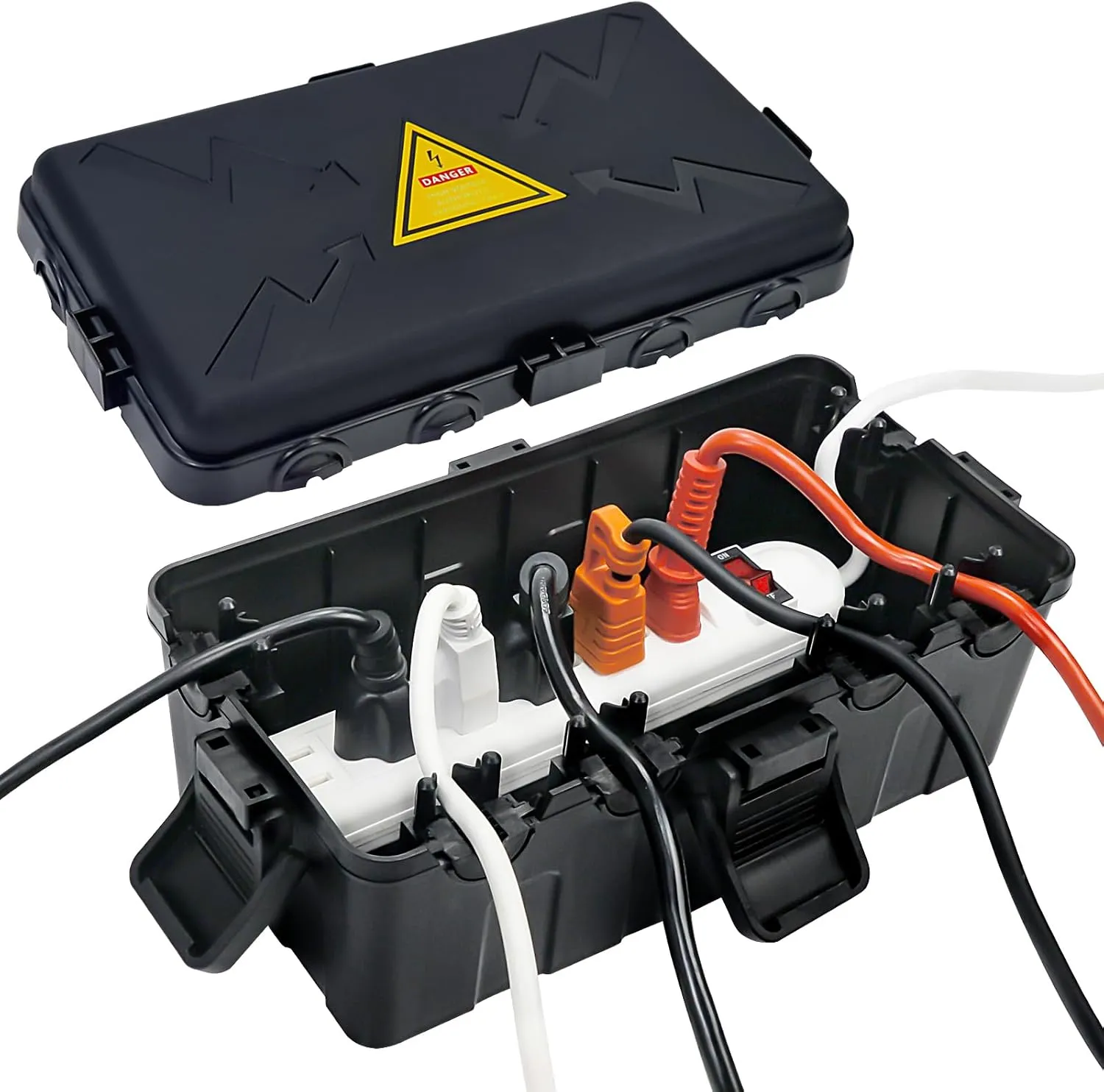 Hrensaw Medium Outdoor Electrical Box(10.6x5.5x4.5inch),Weatherproof Connection Box w/6 Cable Entry,IP54 Waterproof Extension Cord Cover Protect Power Strip,Timer,Plug,Holiday Lights,Black