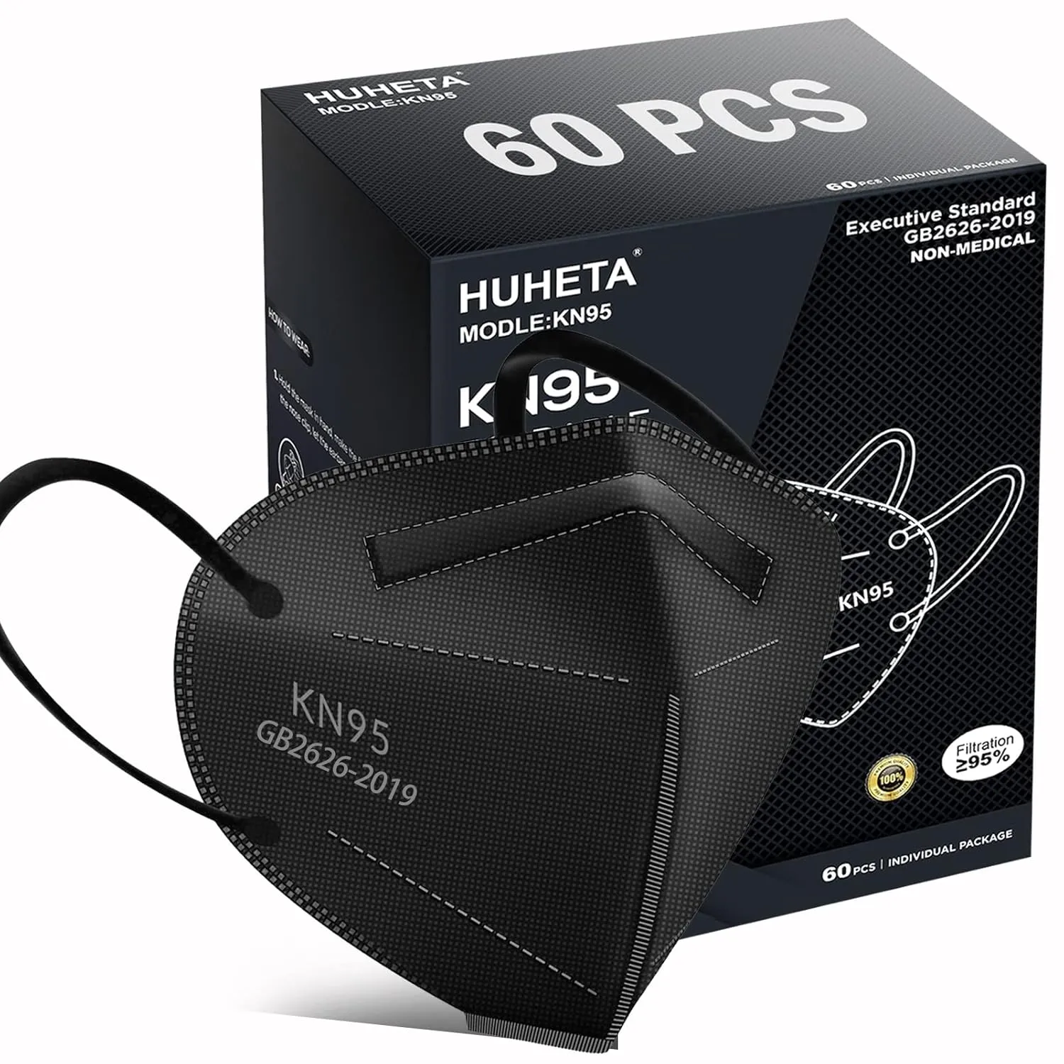 HUHETA KN95 Face Mask 60 PCs, 5-Ply Safety Masks for Men & Women, Filter Efficiency>=95% (Black Mask)