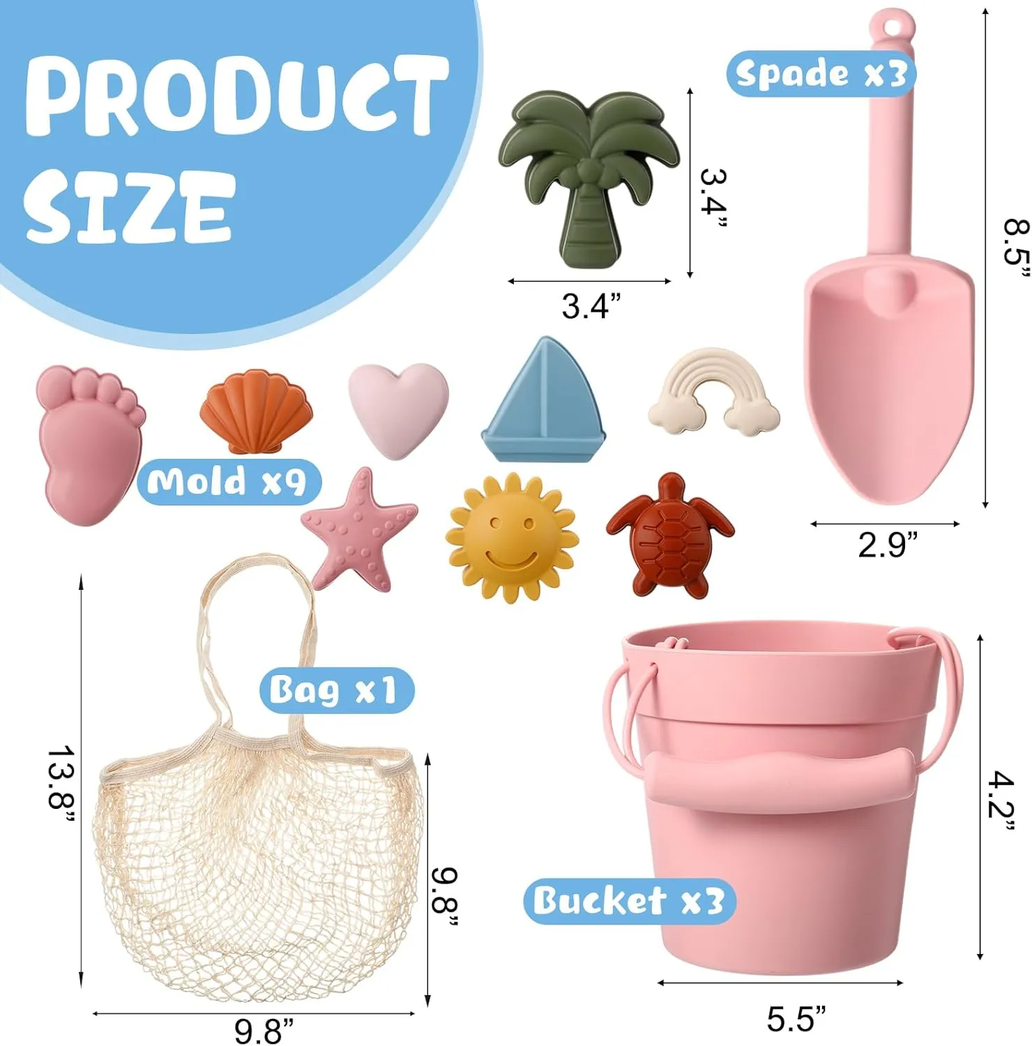 Hungdao 16 Pcs Silicone Beach Toys Travel Friendly Beach Set Colorful Toys Include 3 Silicone Bucket Pail, 3 Shovel, 9 Sand Molds, 1 Bag for Summer Pool Outdoor(Beige, Pink, Purple)