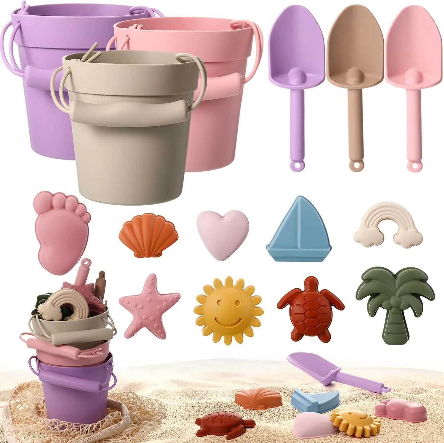 Hungdao 16 Pcs Silicone Beach Toys Travel Friendly Beach Set Colorful Toys Include 3 Silicone Bucket Pail, 3 Shovel, 9 Sand Molds, 1 Bag for Summer Pool Outdoor(Beige, Pink, Purple)